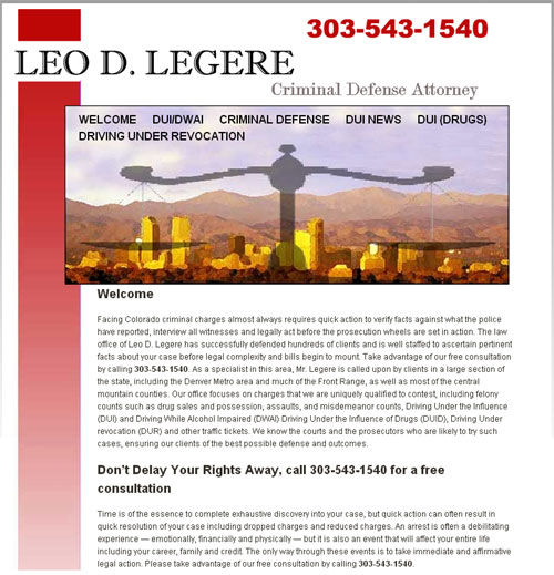 Law Office of Leo Legere, criminal defense attorney in the Denver metro area, designed by SageBizWeb.com and MadLabMG.com