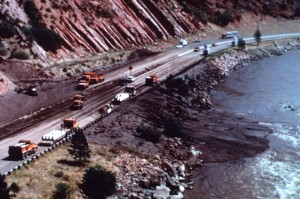 Debris flow almost dams Interstate-70 in 1994