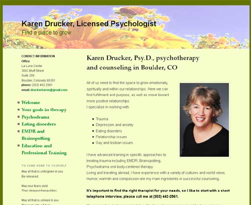 Karen Drucker, licensed psychologist site, designed by Sage BizWeb of Louisville, CO. WordPress 2011 theme for responsive layout, modified by Sage BizWeb.